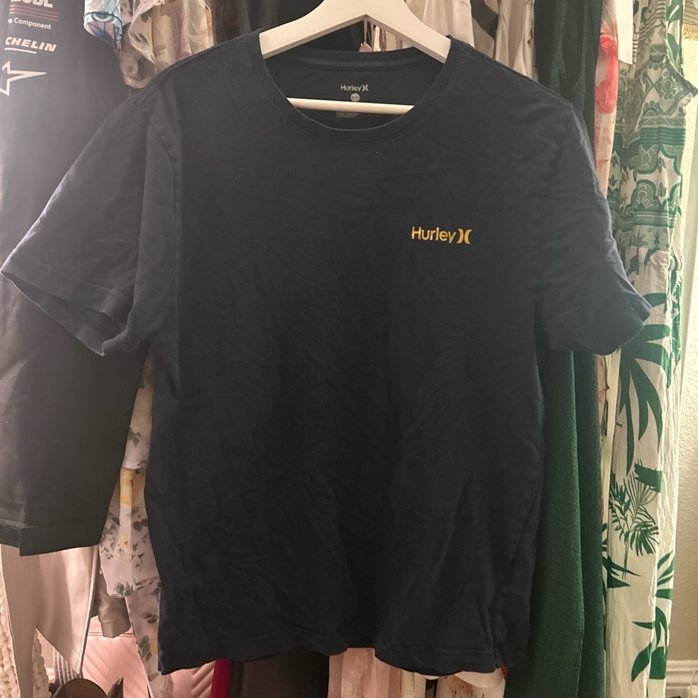 Hurley Men's Dark Blue Tee with Yellow Logo